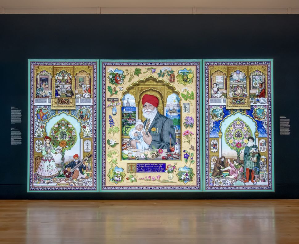 A large piece of wall art resembling a stained glass window