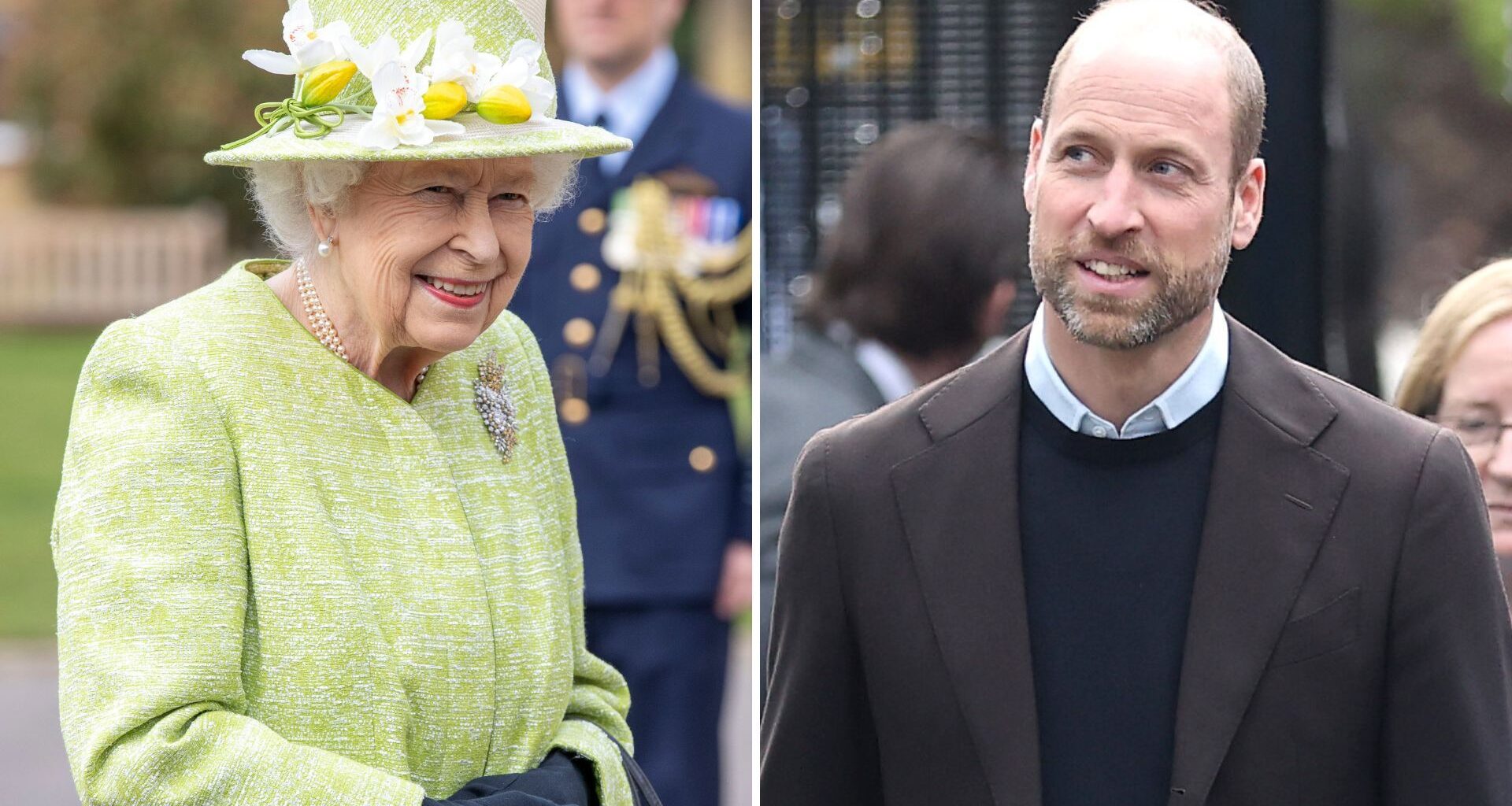 A composite of a picture of Queen Elizabeth in 2021 and a picture of Prince William in 2026