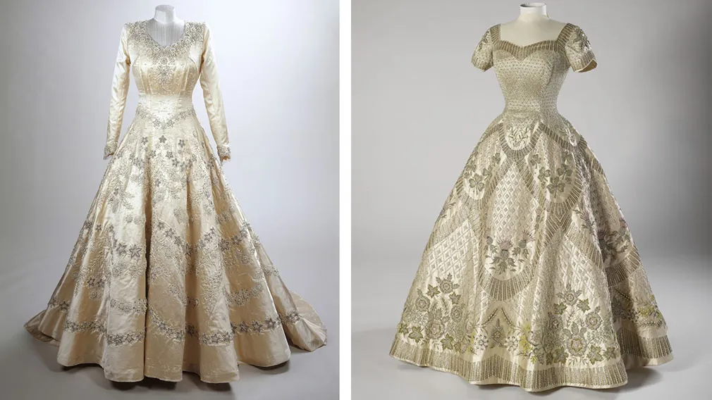 Left: Princess Elizabeth’s Wedding Dress Right: The Queen’s Coronation Dress
