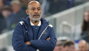 Nuno stands with his arms folded, watching his West Ham United team play