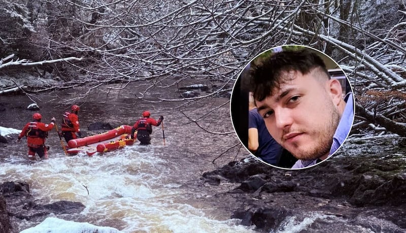Members of Lough Neagh Rescue searching local waterways in the Cookstown area for missing Taylor Stewart (inset).