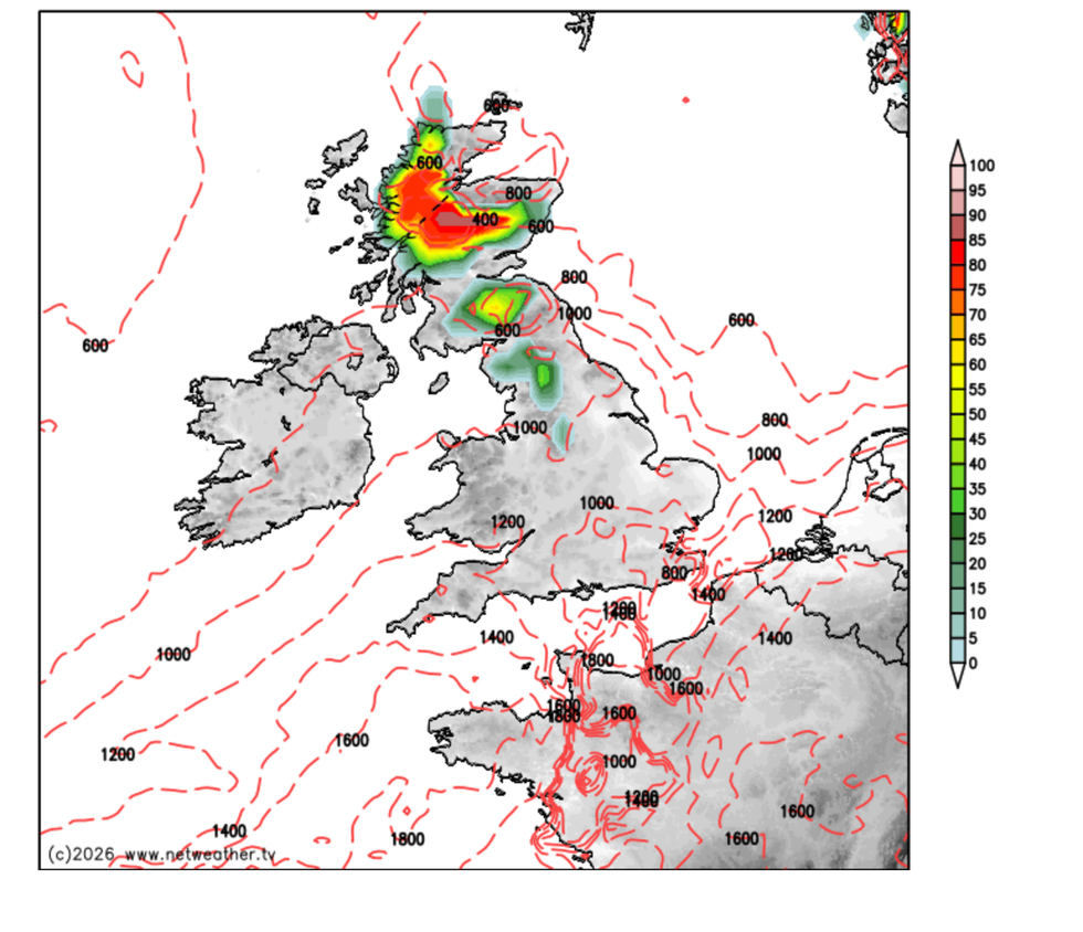 A snow risk stays in place in the north, Netweather has said