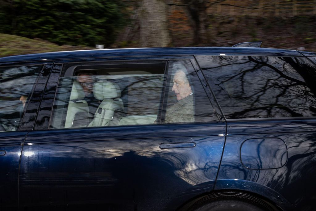 King Charles leaving by car after attending a Sunday church service at Crathie Kirk, near Balmoral
