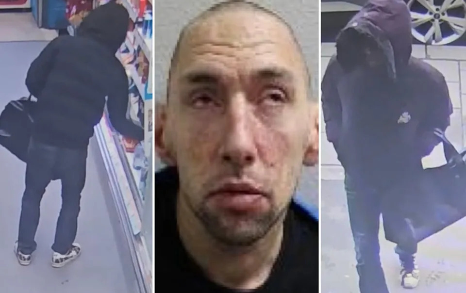 Shoplifter George Nicholson fills large black holdall bag with items (Metropolitan Police)