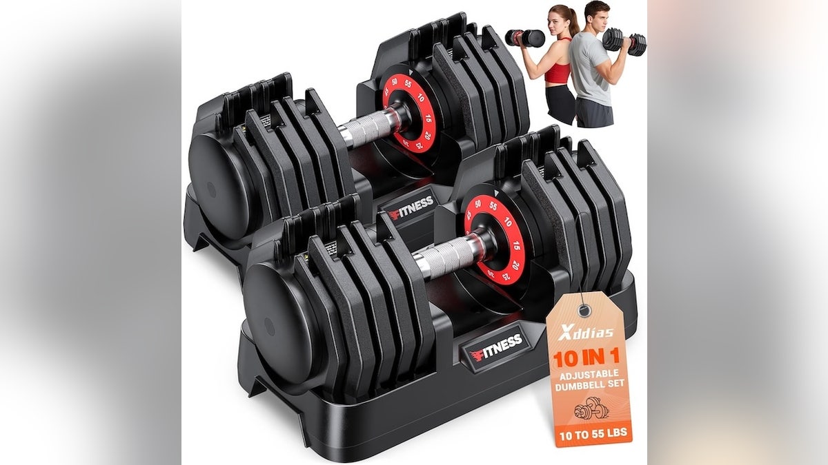 Perfect for small spaces, these adjustable dumbbells replace an entire rack. 