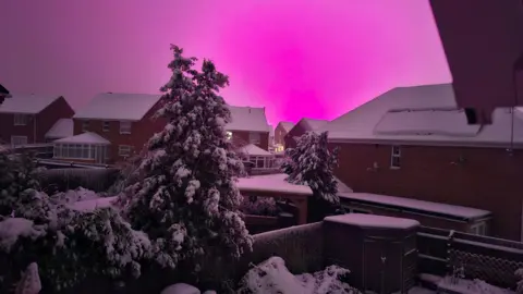 Lord Brocket/BBC Weather Watchers A bright pink sky over snowy roofs and trees in Hednesford, Staffordshire