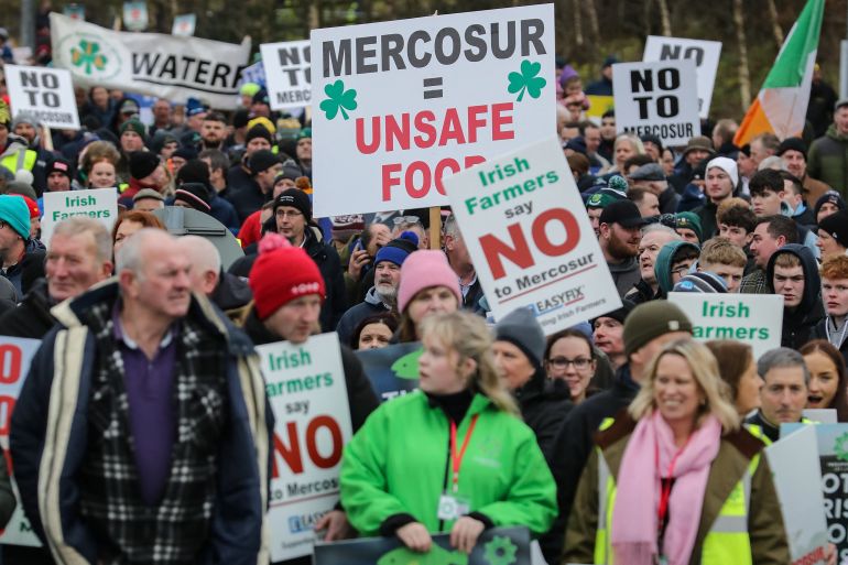 Irish farmers take part in a protest against the EU-Mercosur trade deal, in the town of Athlone on January 10, 2026.
