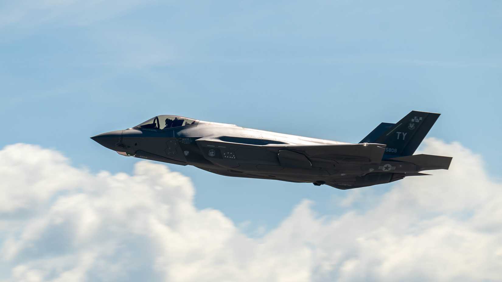 An F-35A Lightning II assigned to the 95th Fighter Squadron flies over Tyndall Air Force Base, Florida.