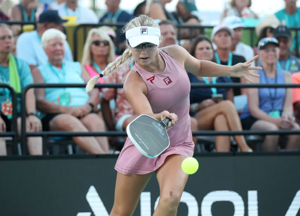 Anna Leigh Waters hits a forehand drive shot against Megan Fudge and Jillian Braverman during the 2025 US Open Pickleball Championships Pro Womens Doubles gold medal match at the East Naples Community Park on May 3, 2025