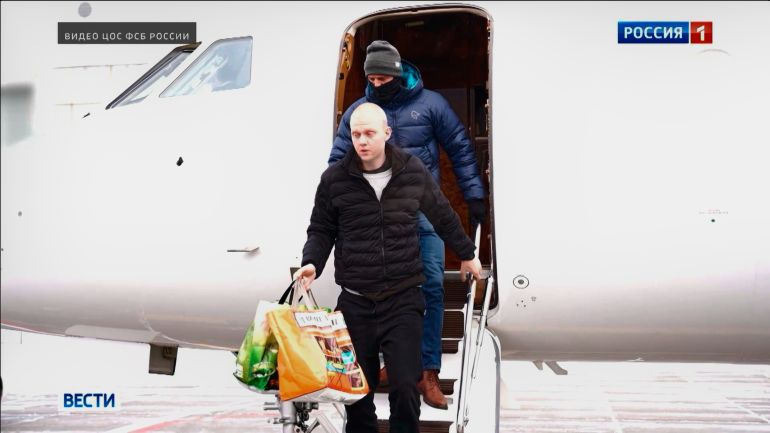 In this image, made from video and provided by Russian Federal Security Service via Russia-1 TV channel on Thursday, Jan. 8, 2026, Daniil Kasatkin, a Russian basketball player who was jailed in France and whose extradition was demanded by the United States, is seen after being released in a prisoner swap with France that saw the release of Laurent Vinatier, a French political scholar. (Russian Federal Security Service/Russia-1 TV channel via AP)