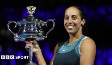 Madison Keys poses with the Australian Open trophy after winning the 2025 title