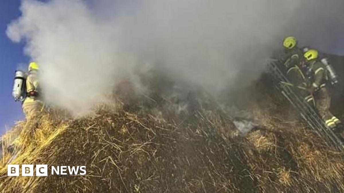 A close-up of a thatched roof, covered in heavy smoke. There are three firefighters on the roof, one on the far right and two on ladders on the left.