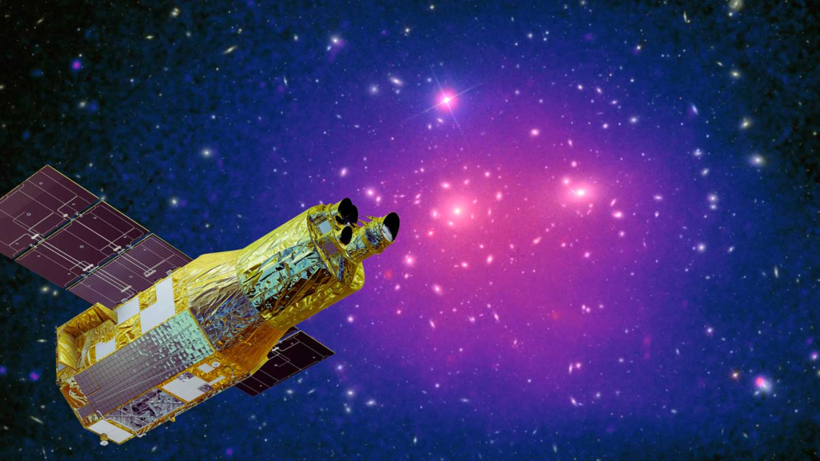 An illustration of XRISM studying dark matter around a galaxy cluster