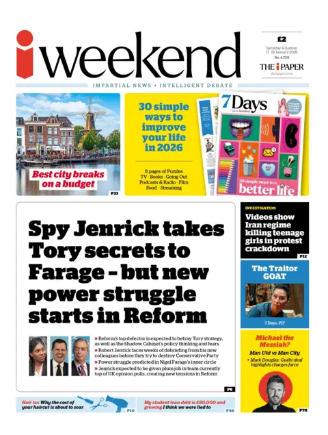 BBC "Spy Jenrick takes Tory secrets to Farage - but new power struggle starts in Reform" reads the headline on the front page of the i Paper.