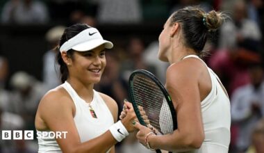 Emma Raducanu and Aryna Sabalenka shake hands after their Wimbledon match