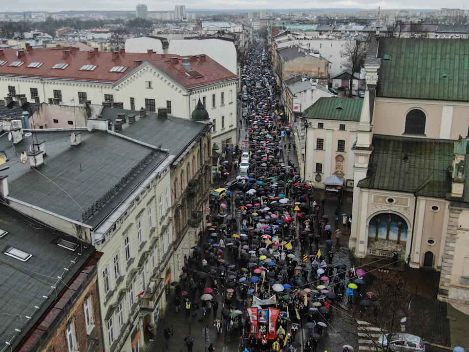 An aerial view of thousands of supporters of the late pope John Paul II during the white march honoring his legacy on April 2, 2023 in Krakow, Poland.