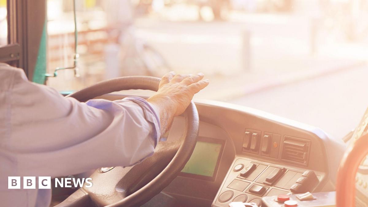 A person wearing a blue shirt has their hands on the driving wheel of a bus. The dashboard of the bus can be seen and a blurred but sunny road out of the front window.