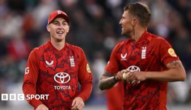 Harry Brook and Brydon Carse celebrate with each other during an England T20 international against West Indies in 2025