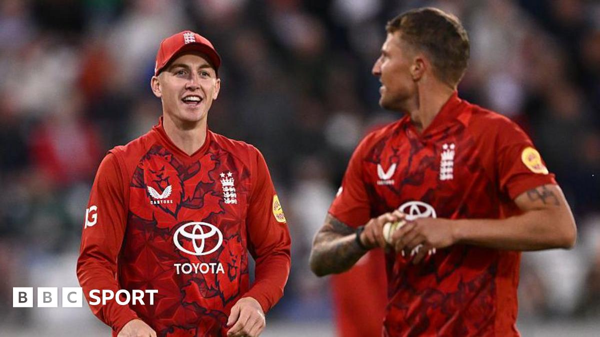 Harry Brook and Brydon Carse celebrate with each other during an England T20 international against West Indies in 2025