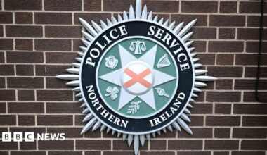 The PSNI logo on a brown brick wall. The logo is green, white, black and red. It has police service Northern Ireland written around it in capital letters.