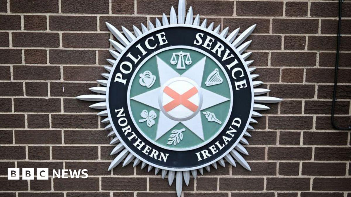 The PSNI logo on a brown brick wall. The logo is green, white, black and red. It has police service Northern Ireland written around it in capital letters.