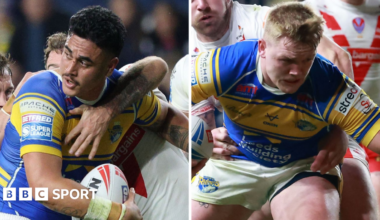 Side-by-side close-ups of Keenan Palasia and James McDonnell playing for Leeds Rhinos