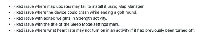 The change log for System Software 21.11 for the Garmin S70 smartwatch. (Image source: Screenshot of Garmin forum post)