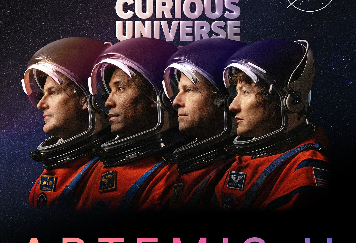 A dark podcast logo features the four crew members of NASA's Artemis II mission looking to the left of the frame. Above them, the podcast title "NASA's Curious Universe" is in white. A white NASA insignia is in the upper right corner. At the bottom of the image, the text reads "Artemis II"