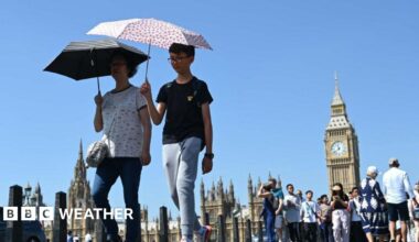 two people holding umbrellas to protect them from the sunshine in London with Big Ben and Houses of Parliament in the background