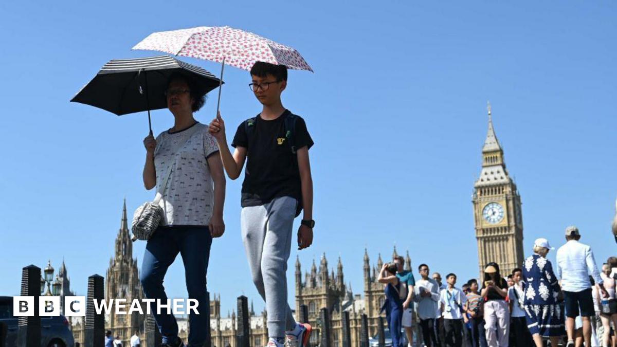 two people holding umbrellas to protect them from the sunshine in London with Big Ben and Houses of Parliament in the background