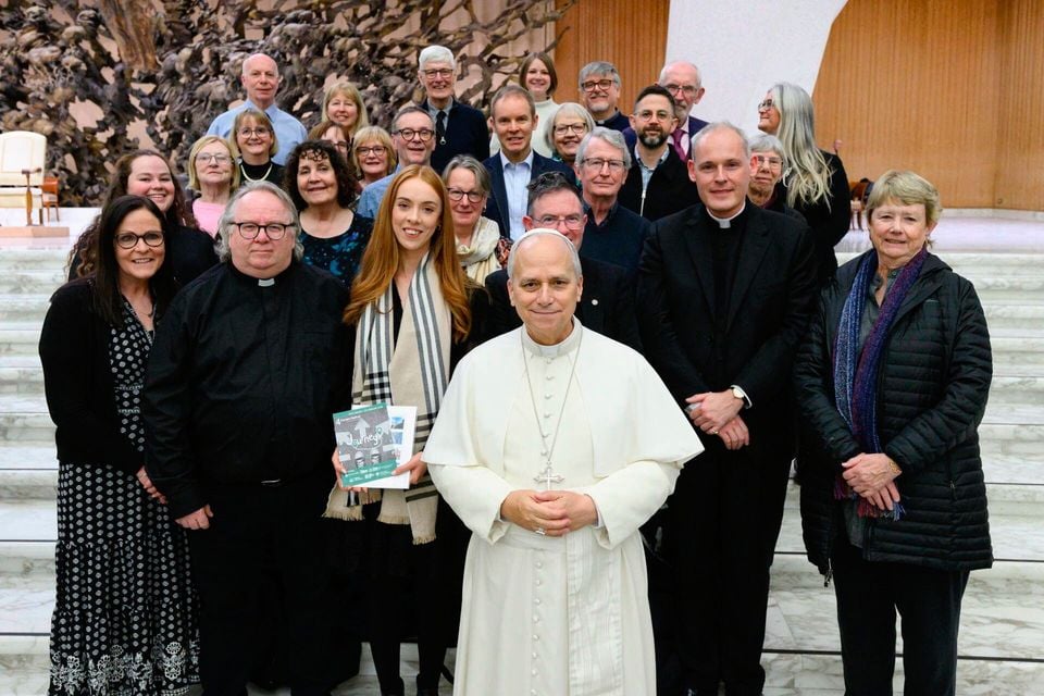 Rev Steve Stockman (second from left) with Shannon Goodwin and Fr Martin Magill meeting Pope Leo