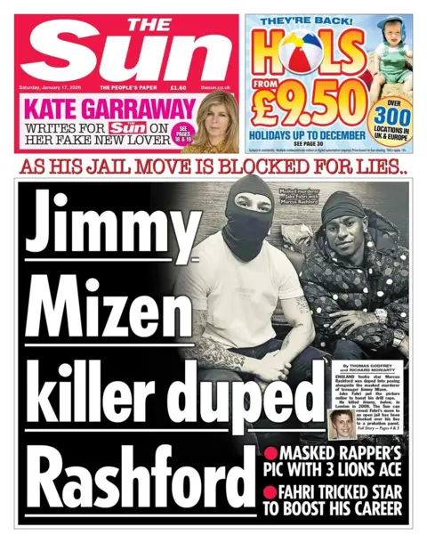 "Jimmy Mizen killer duped Rashford" reads the headline on the front page of the Sun.