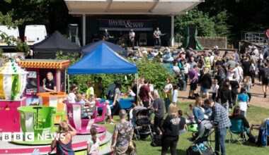 A small summer festival on a sunny day. Crowds of people including parents with prams sit or stand on a patch of grass in front of a stage where a band is performing. A spinning teacup ride is visible in the foreground.