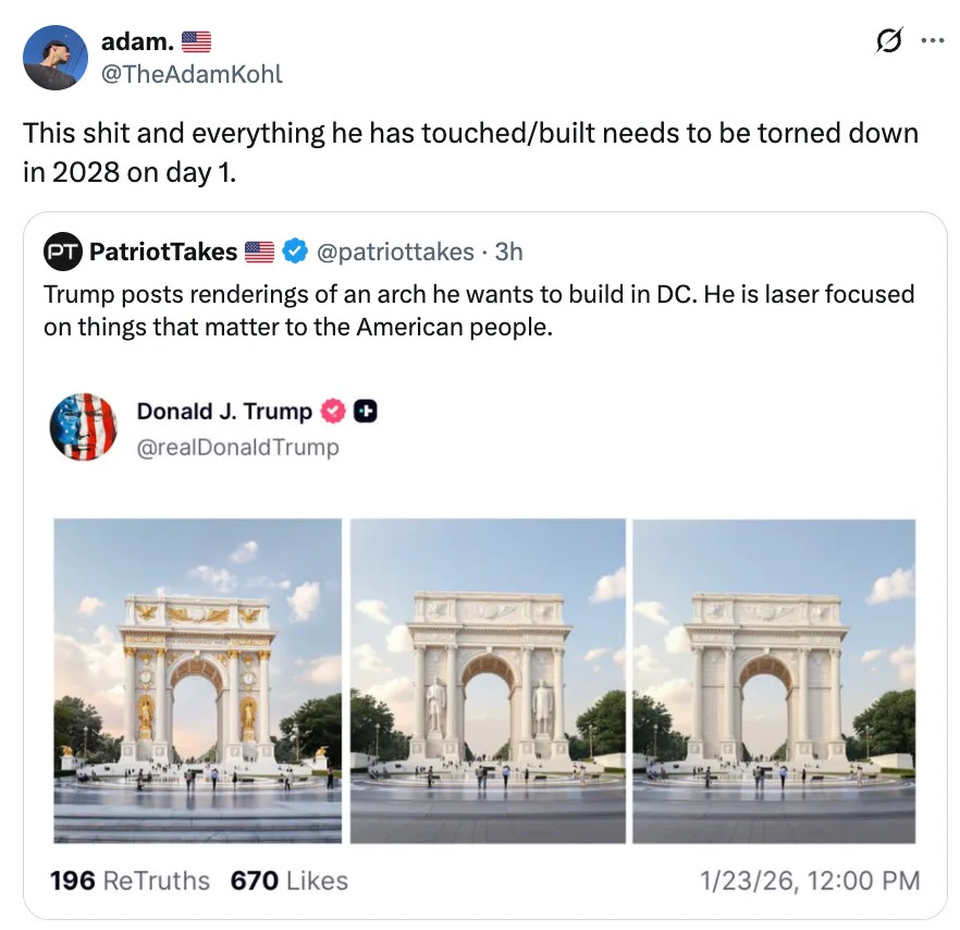 Tweet by user saying structures proposed by Trump should be torn down in 2028. Shows three images of arches