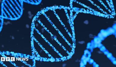 An illustration of neon-glowing blue DNA strands floating in black fluid