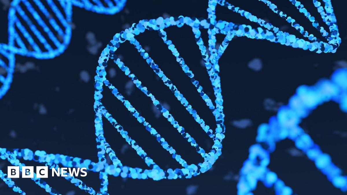 An illustration of neon-glowing blue DNA strands floating in black fluid