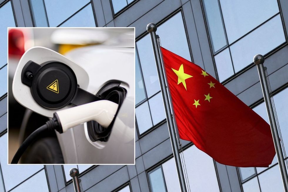 Electric car charger and a Chinese flag