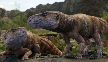 A reconstruction of two Ajkaceratops, small four-legged dinosaurs with hooked beaks, on a rocky slope covered in shrubs.