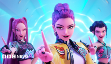 A screengrab of the three-piece girl band Huntr/x from Netflix hit KPop Demon Hunters