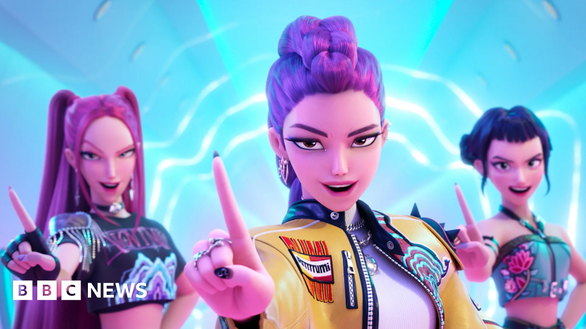A screengrab of the three-piece girl band Huntr/x from Netflix hit KPop Demon Hunters
