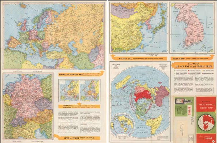 Magazine insert from 1950s with a series of geopolitical maps.