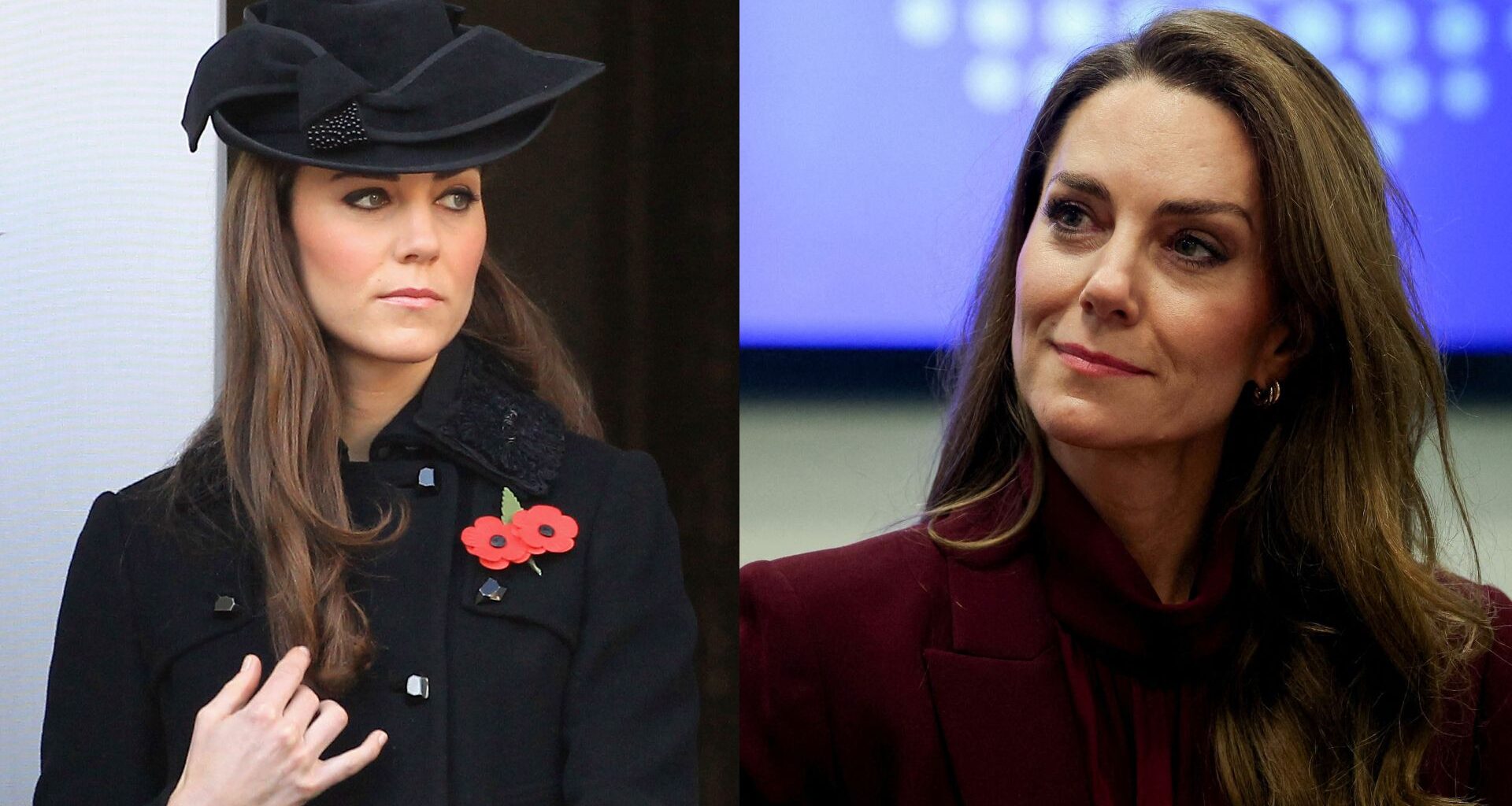 Princess Kate wearing a black hat and coat in 2011; Princess Kate wearing a burgundy suit and smiling in 2026