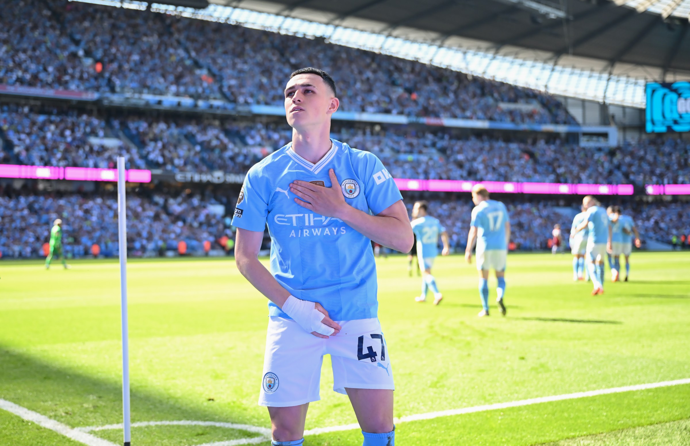 MANCHESTER, ENGLAND - MAY 19: Phil Foden of Manchester City celebrates scoring his first goal during the Premier League match between Manchester City and West Ham United at Etihad Stadium on May 19, 2024 in Manchester, England. (Photo by Michael Regan/Getty Images)