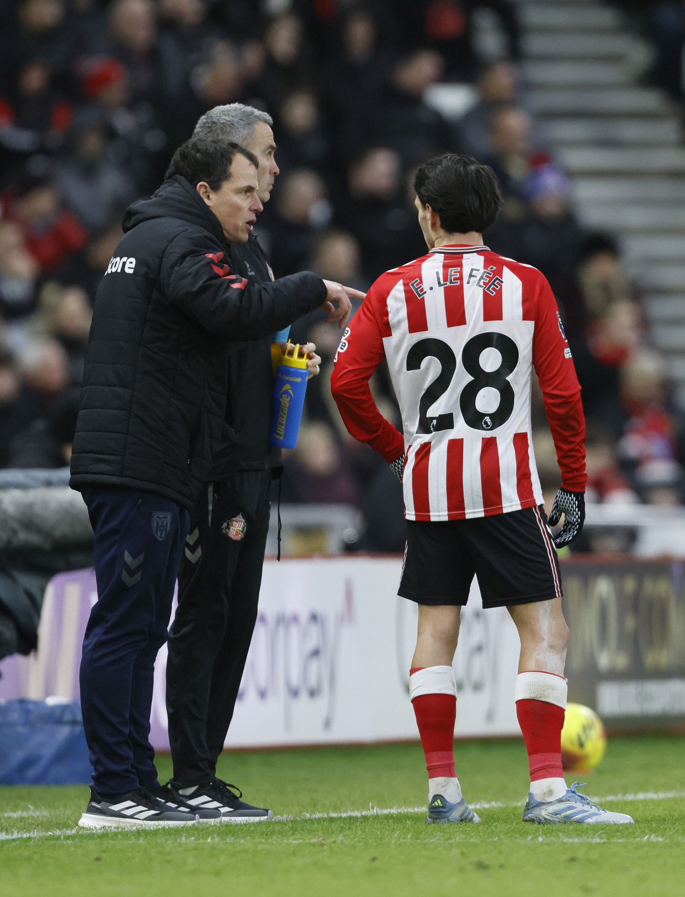 Sunderland manager Regis Le Bris speaks with Enzo Le Fee during the Premier League match at the Stadium of Light, Sunderland. Picture date: Sunday December 28, 2025. (Photo by Richard Sellers/PA Images via Getty Images)