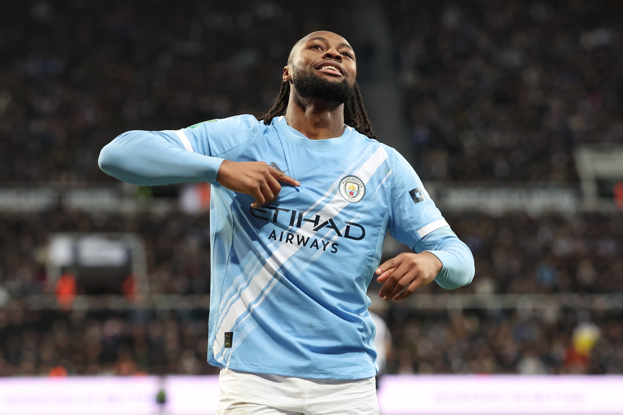 NEWCASTLE UPON TYNE, ENGLAND - JANUARY 13: Antoine Semenyo of Manchester City celebrates after scoring their side’s first goal during the Carabao Cup Semi Final First Leg match between Newcastle United and Manchester City at St James’ Park on January 13, 2026 in Newcastle upon Tyne, England. (Photo by Alex Livesey - Danehouse/Getty Images)