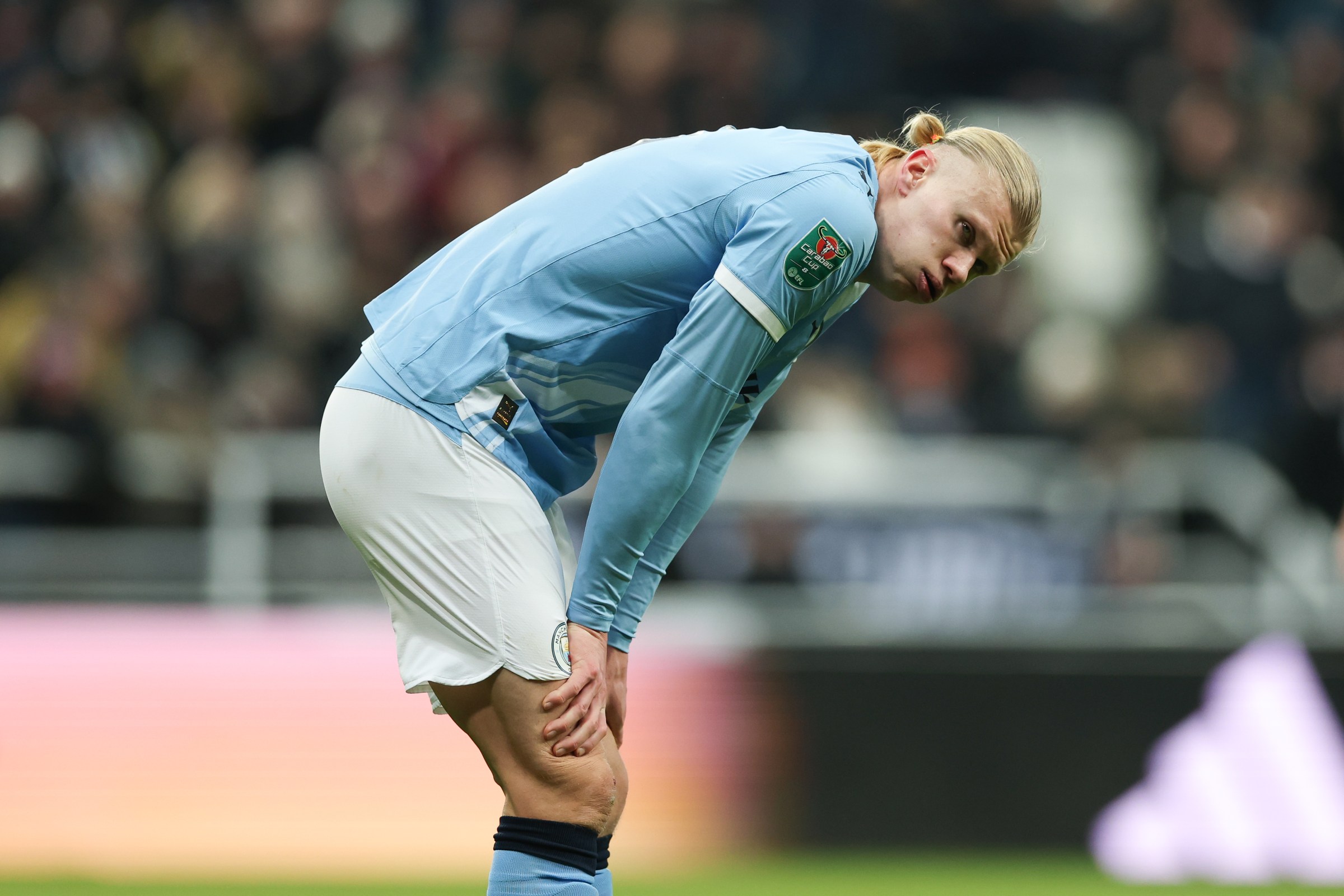 NEWCASTLE UPON TYNE, ENGLAND - JANUARY 13: Erling Haaland of Manchester City in action during the Carabao Cup Semi Final First Leg match between Newcastle United and Manchester City at St James’ Park on January 13, 2026 in Newcastle upon Tyne, England. (Photo by Michael Regan/Getty Images)