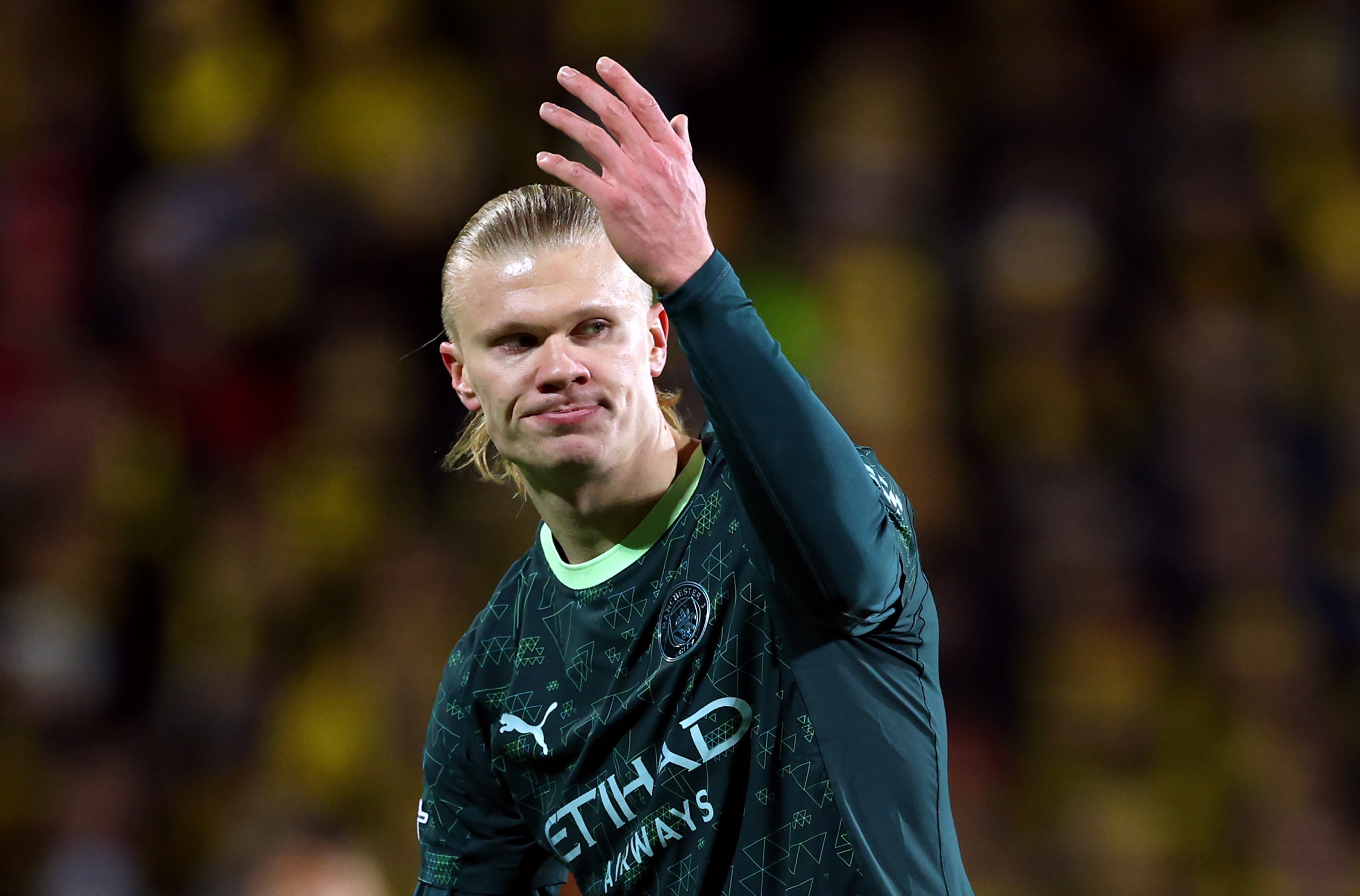 BODO, NORWAY - JANUARY 20: Erling Haaland of Manchester City reacts during the UEFA Champions League 2025/26 League Phase MD7 match between FK Bodo/Glimt and Manchester City at Aspmyra Stadion on January 20, 2026 in Bodo, Norway. (Photo by Michael Regan - UEFA/UEFA via Getty Images)