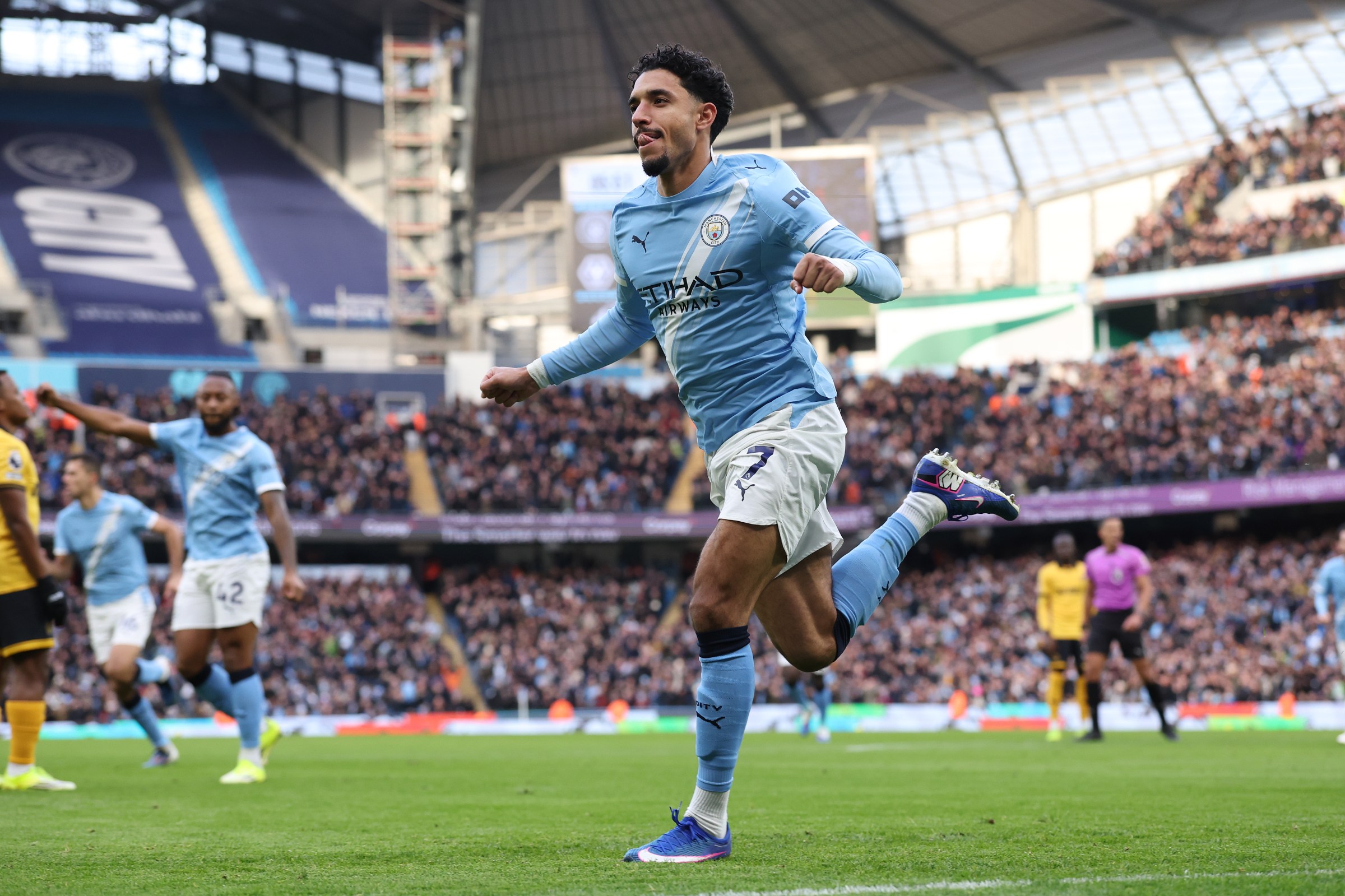 MANCHESTER, ENGLAND - JANUARY 24: Omar Marmoush of Manchester City celebrates after scoring their first goal during the Premier League match between Manchester City and Wolverhampton Wanderers at Etihad Stadium on January 24, 2026 in Manchester, England. (Photo by Alex Livesey - Danehouse/Getty Images)