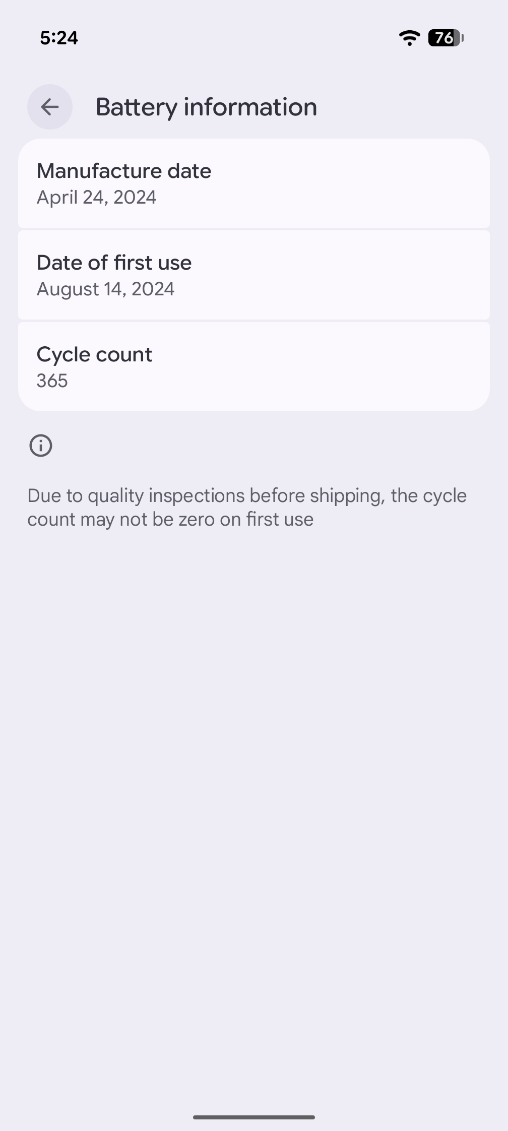 google android pixel 9 pro xl battery info cycle count screenshot