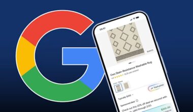 A smartphone displays Google's AI shopping tool with a product listing for a washable rug, overlaid on a large Google logo.